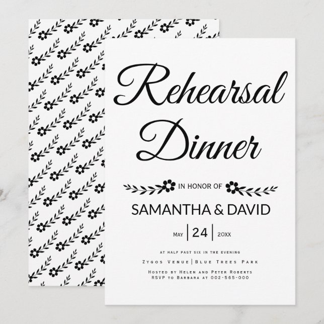 Black, white typography wedding rehearsal dinner invitation (Front/Back)