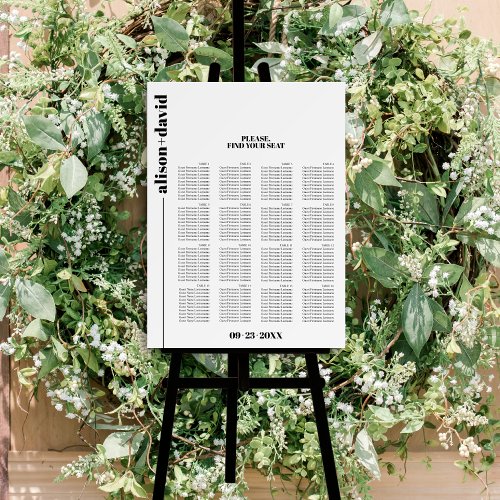 Black white typography wedding seating chart      foam board