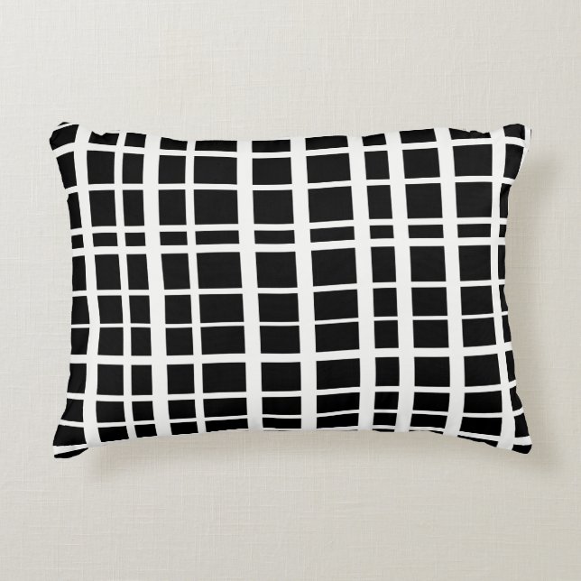 Black White Uneven Grid Pattern Contrast Back Accent Pillow (Front)