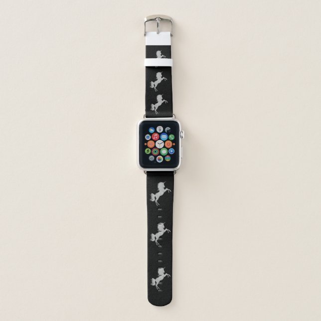 Black White Unicorn Pattern Print Fantasy Apple Watch Band (Front)