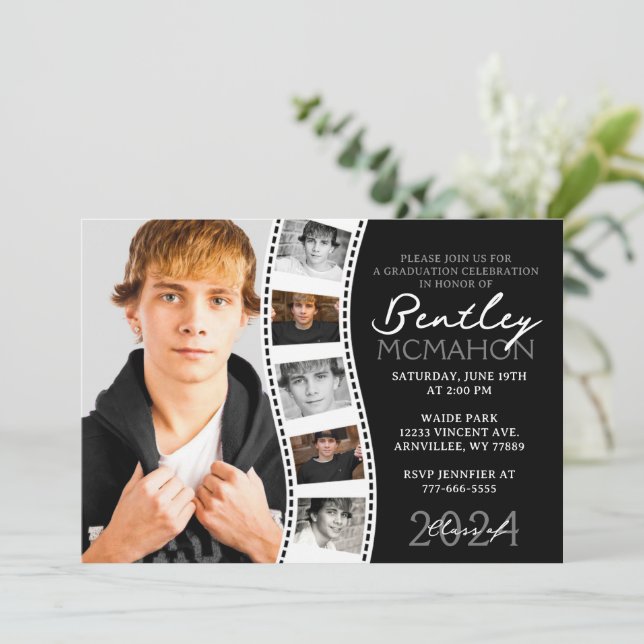 Black & White Unique Filmstrip 6 Photo Graduation Invitation (Standing Front)