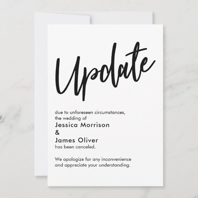 Black White Update Canceled Wedding Announcement (Front)