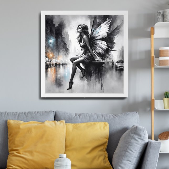 Black white urban life surreal fairy tale city framed art (Living Room 3)