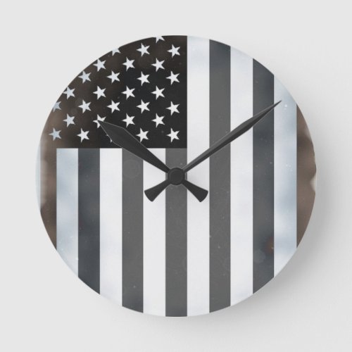 Black  White US American Flag Round Clock