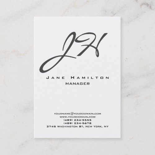 Black white vertical modern plain script monogram business card