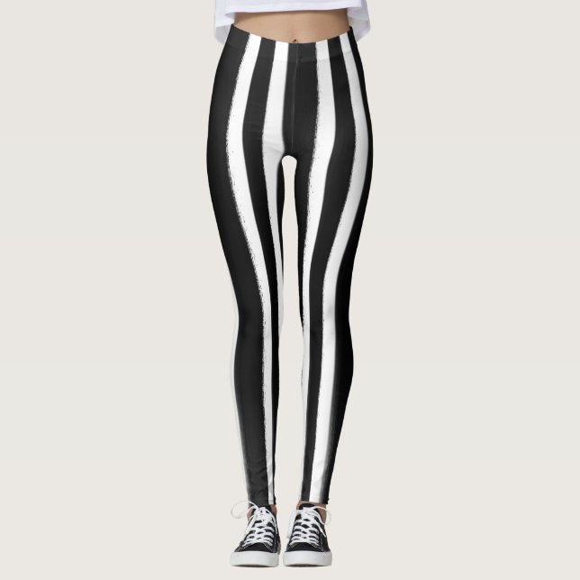 Black & White Vertical Stripe Paint Brush Leggings (Front)
