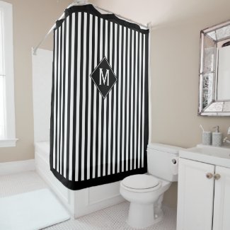 Black & White Vertical Stripes & Diamond Monogram Shower Curtain