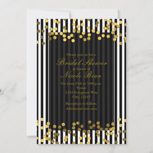 Black  White Vertical Stripes Gold Faux Foil Dots Invitation