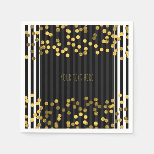 Black  White Vertical Stripes Gold Faux Foil Dots Napkins