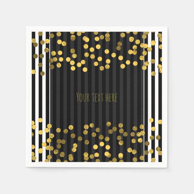 Black & White Vertical Stripes Gold Faux Foil Dots Napkins (Front)