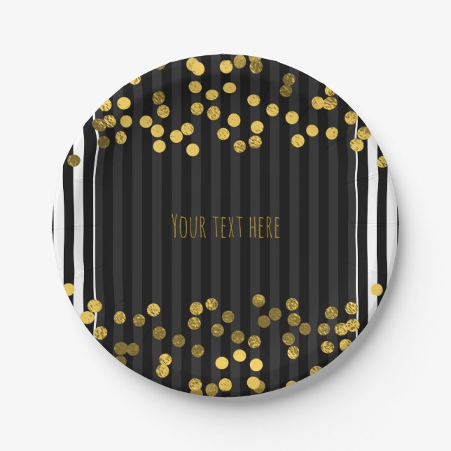 Black & White Vertical Stripes Gold Faux Foil Dots Paper Plates (Front)