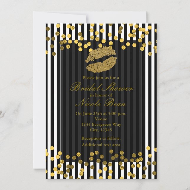 Black & White Vertical Stripes Gold Lips Kiss Invitation (Front)