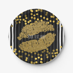 Black & White Vertical Stripes Gold Lips Kiss Paper Plates