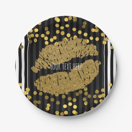 Black  White Vertical Stripes Gold Lips Kiss Paper Plates