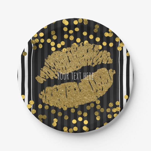 Black & White Vertical Stripes Gold Lips Kiss Paper Plates (Front)