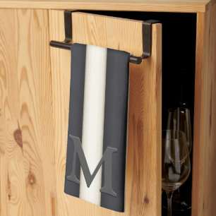 Black & White Vertical Stripes Gothic Monogram Kitchen Towel