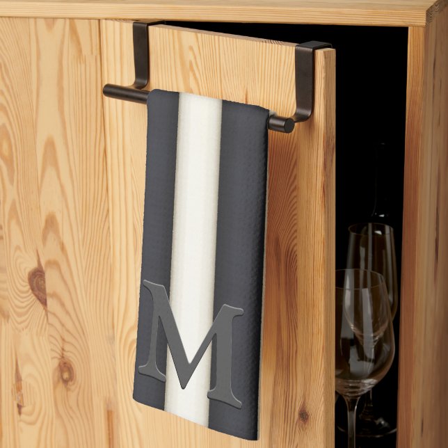 Black & White Vertical Stripes Gothic Monogram  Kitchen Towel (Thirds Fold)