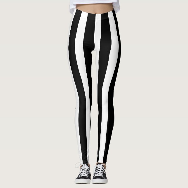Black & White Vertical Stripes Halloween Costume Leggings (Front)