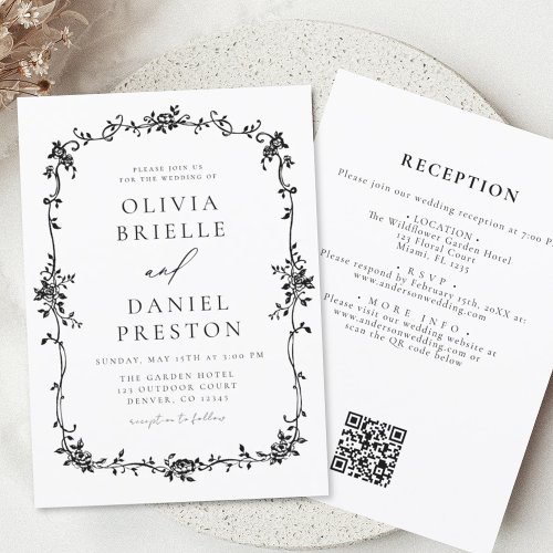 Black White Victorian French QR Code Wedding Invitation