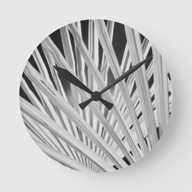 Black & White view of palm tree fronds Round Clock (Front)