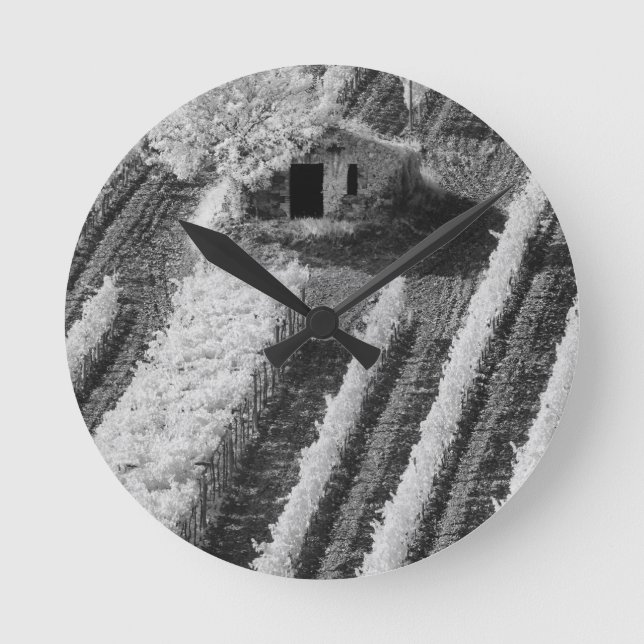 Black & White view of small stone barn Round Clock (Front)