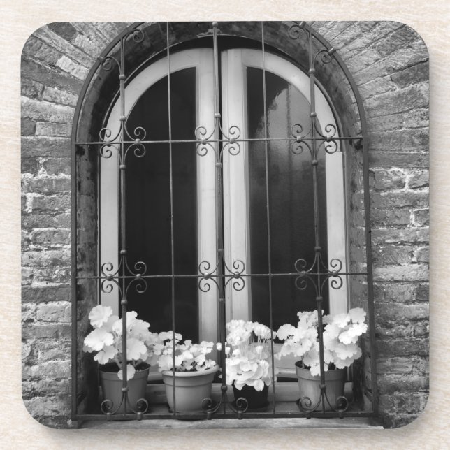 Black & White view of window and flower pots Beverage Coaster (Front)