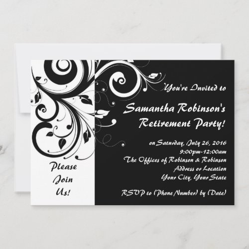 Black+White Vine Swirl Retirement Party Invitation