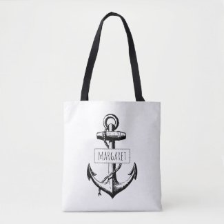 Black, white vintage anchor and name nautical tote bag