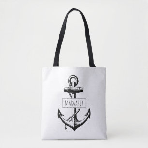 Black, white vintage anchor and name nautical tote bag