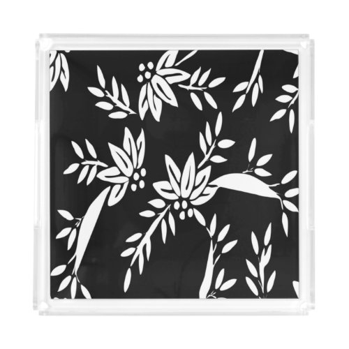 Black  White Vintage Art Deco Floral Acrylic Tray