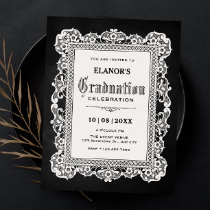 Black white vintage baroque graduation invitation