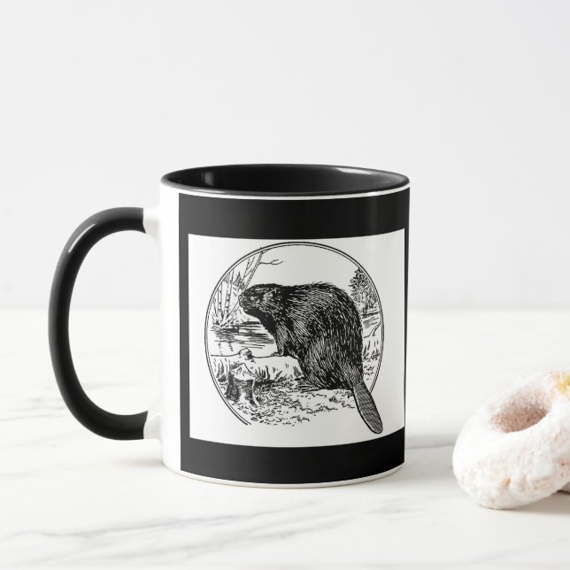 Black white vintage beaver coffee mug (With Donut)