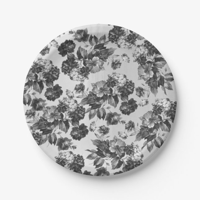 Black white vintage boho chic roses floral paper plates (Front)