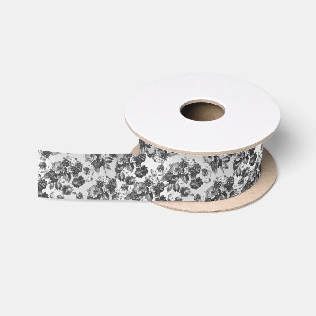 Black white vintage boho chic roses floral satin ribbon (Spool)