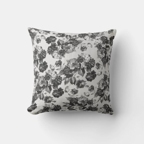 Black white vintage boho chic roses floral throw pillow