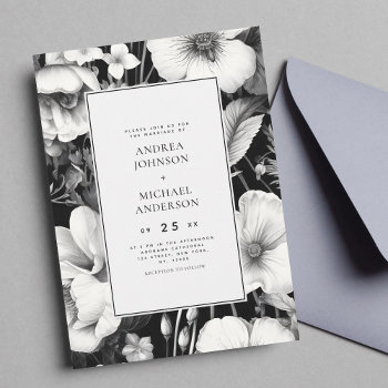 Black White Vintage Botanical Dark Floral Wedding Invitation by LovelyVibeZ at Zazzle