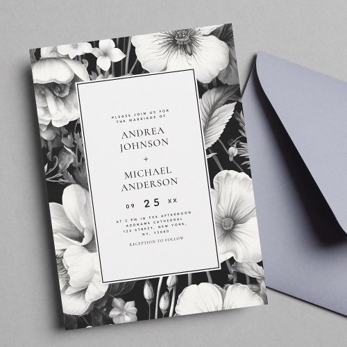 Black White Vintage Botanical Dark Floral Wedding Invitation