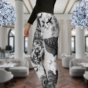 Black White Vintage Botanical Floral Toile & Bugs Leggings