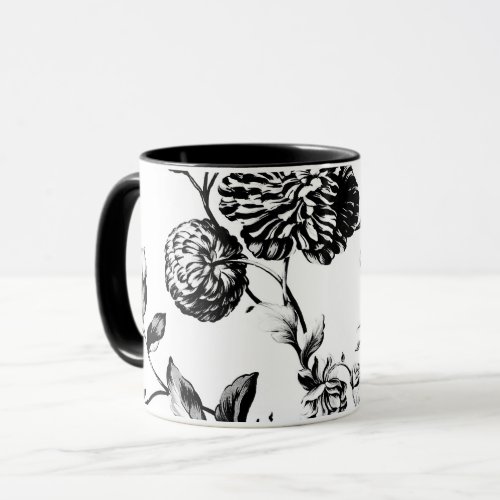 Black  White Vintage Botanical Floral Toile Mug