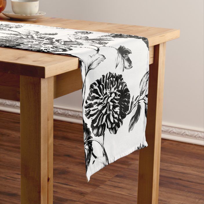 Black White Vintage Botanical Floral Toile No 2 Short Table Runner