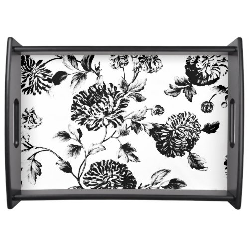 Black  White Vintage Botanical Floral Toile Serving Tray