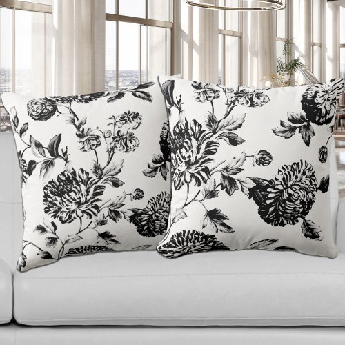 Black White Vintage Botanical Floral Toile Throw Pillow