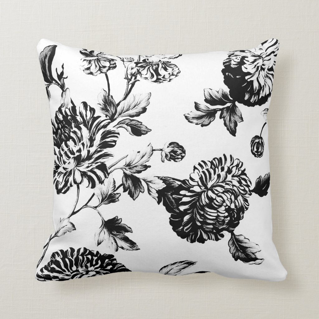 Black White Vintage Botanical Floral Pillow