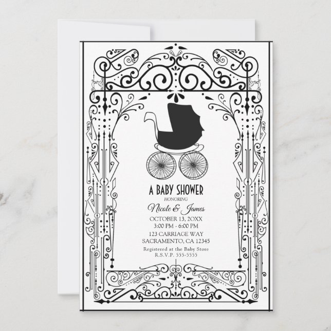 Black & White Vintage Carriage Deco Baby Shower  Invitation (Front)