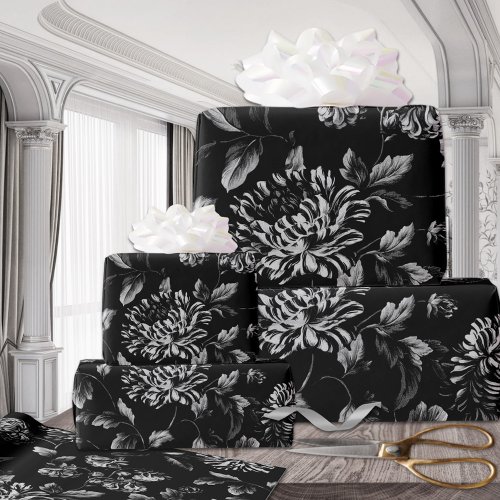 Black  White Vintage Dahlias Oversized Floral Wrapping Paper