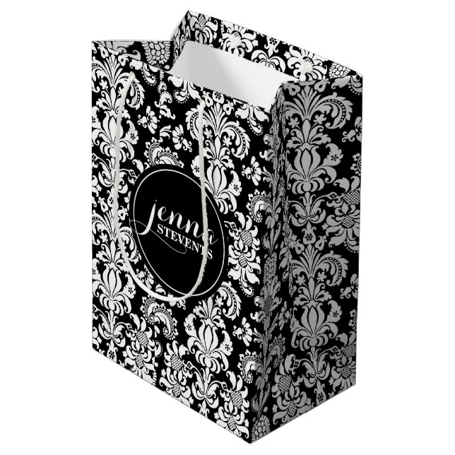 Black & White Vintage Damasks Medium Gift Bag (Back Angled)