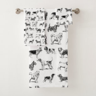 Black & White Vintage Dogs Pattern Bath Towel Set