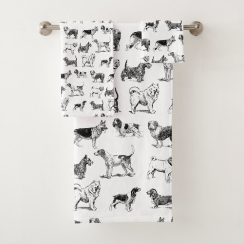 Black  White Vintage Dogs Pattern  Bath Towel Set
