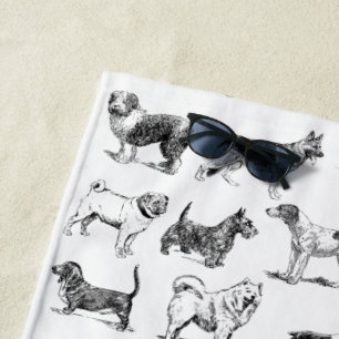 Black & White Vintage Dogs Pattern Beach Towel