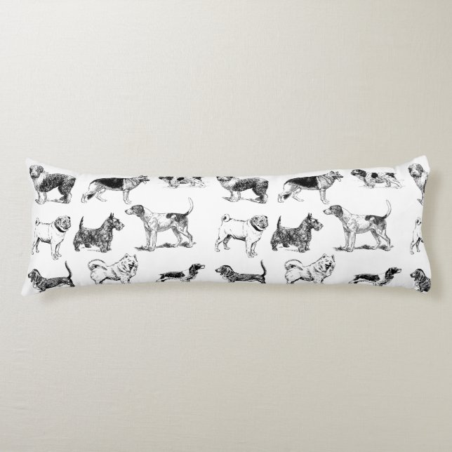 Black & White Vintage Dogs Pattern  Body Pillow (Front)